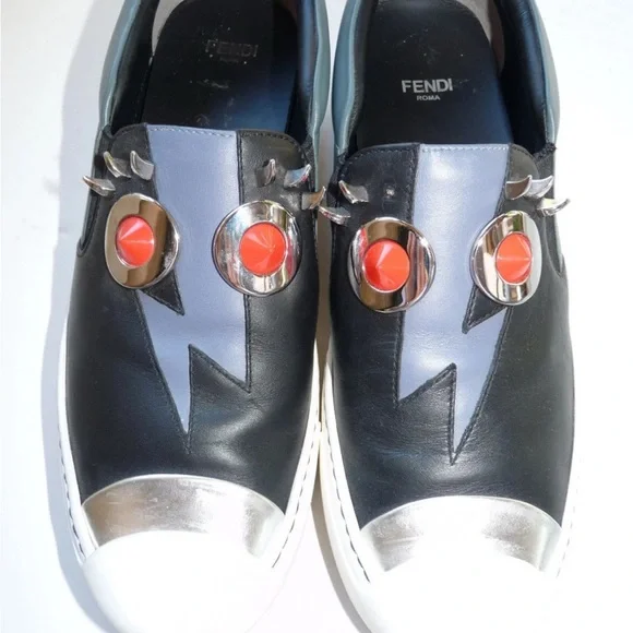 Fendi Faces Studded Leather Skate Sneakers Shoes EUC size 9/40 IN BOX Black